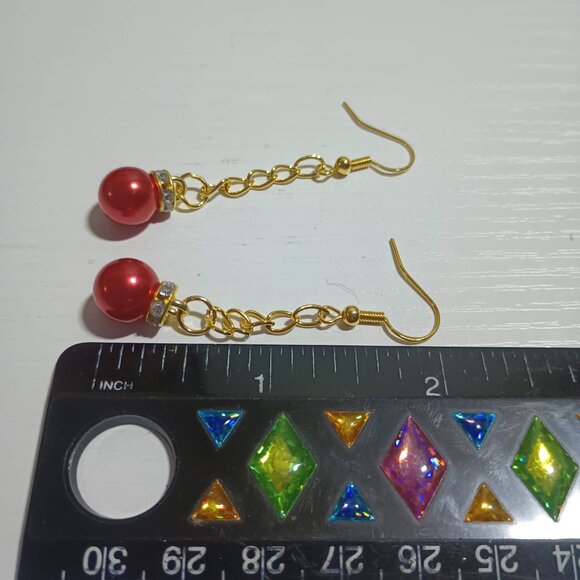 Red Christmas Ball Long Drop Earring on Gold Plated Chain Hand crafted - Picture 3 of 4